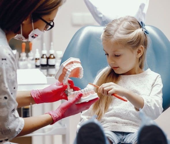Una niña aprende a cepillarse con una boca de juguete